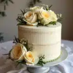 Elegant vanilla cake flavors with ivory roses and greenery as decoration.