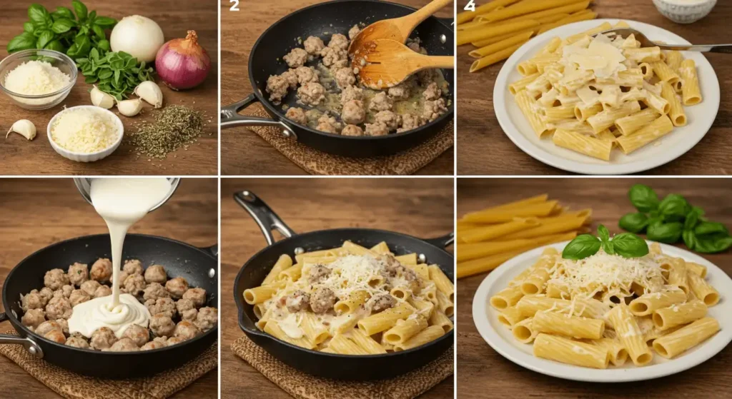 A bowl of creamy sausage rigatoni topped with fresh herbs and parmesan cheese.