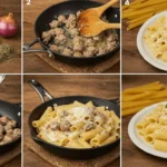 A bowl of creamy sausage rigatoni topped with fresh herbs and parmesan cheese.