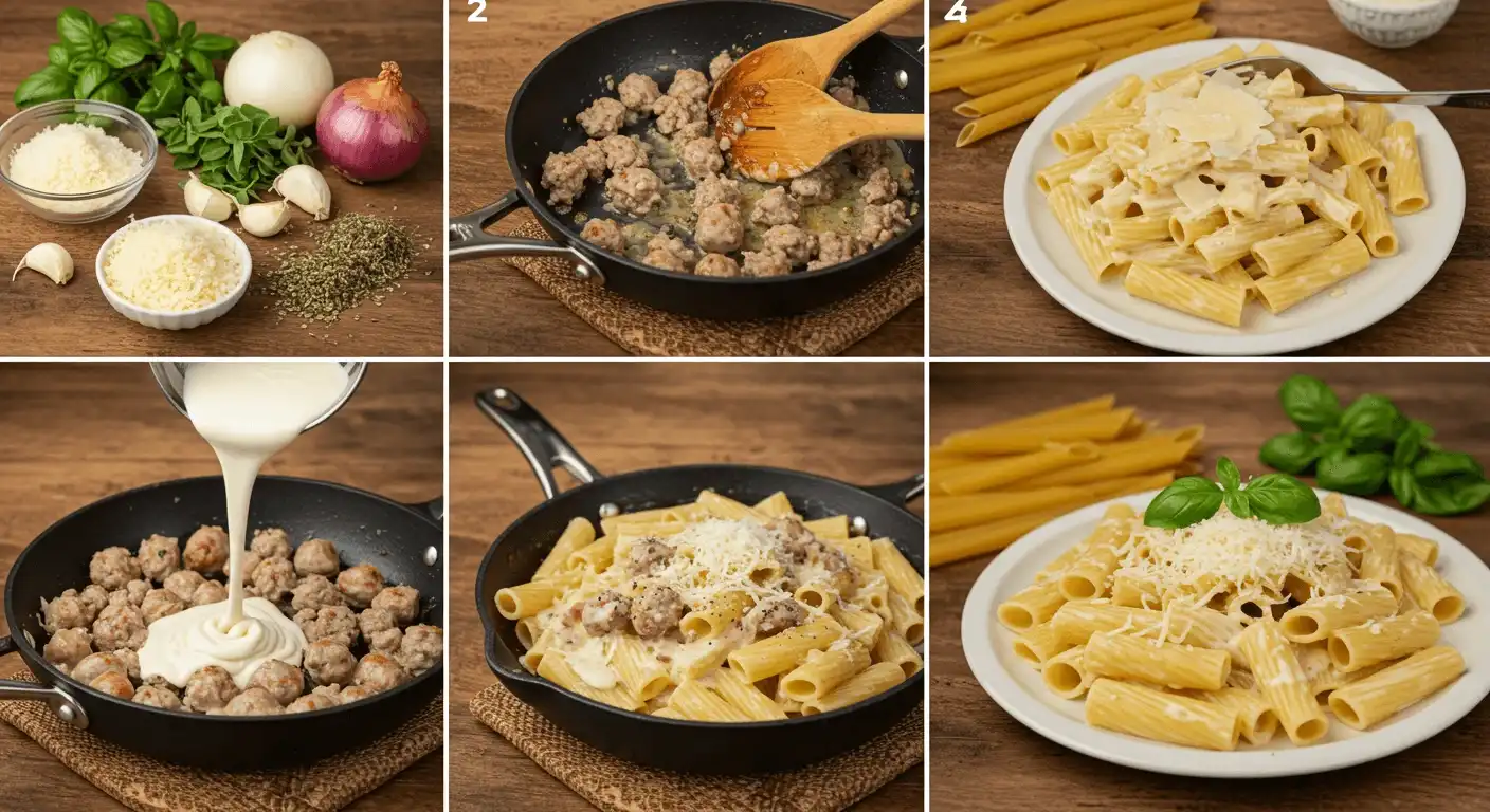 A bowl of creamy sausage rigatoni topped with fresh herbs and parmesan cheese.